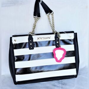 Betsey Johnson Black and White Tote with Pink Skull Charm‎